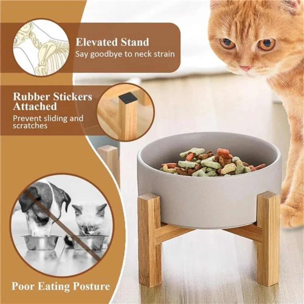 Elevated Ceramic Cat Bowl - Cat Food Bowl with Bamboo Stand - Raised Dog Dish